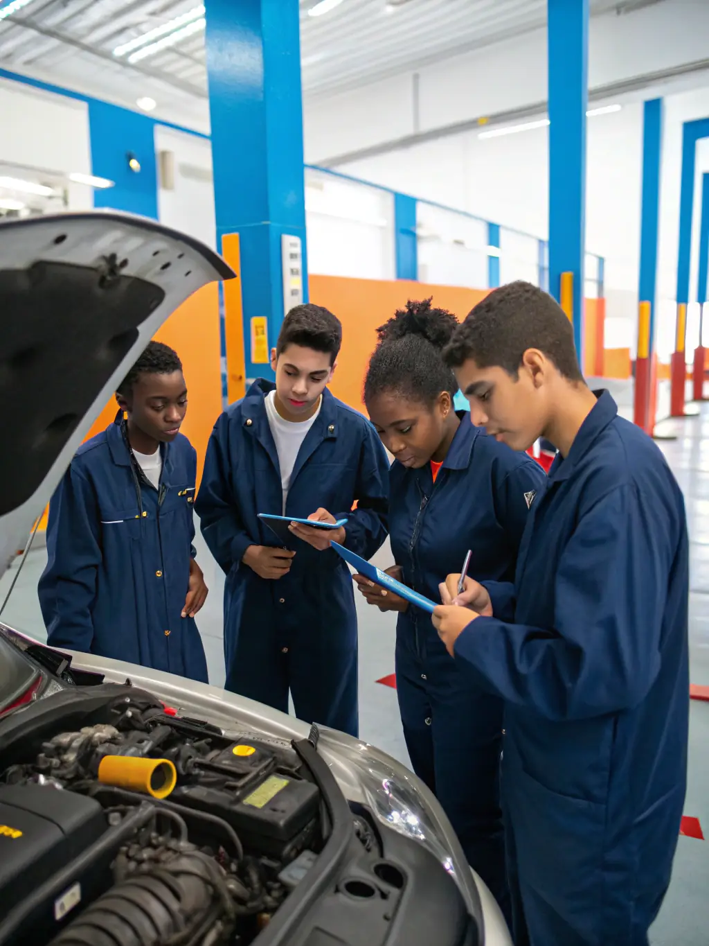 A group of students enthusiastically preparing a 4L car for the Raid 4L Trophy, showcasing teamwork and excitement for the upcoming adventure, set against a backdrop of the organization's headquarters.