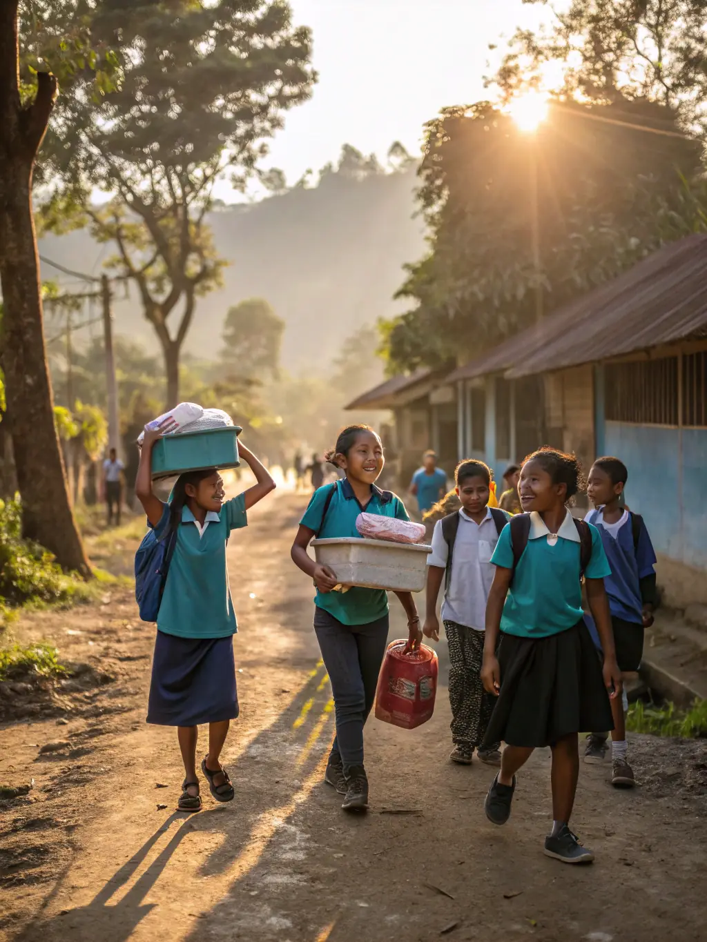 A group of students from 4L VISITL'AFRIK are shown distributing school supplies to children in a rural African village, highlighting the humanitarian aspect of their mission.