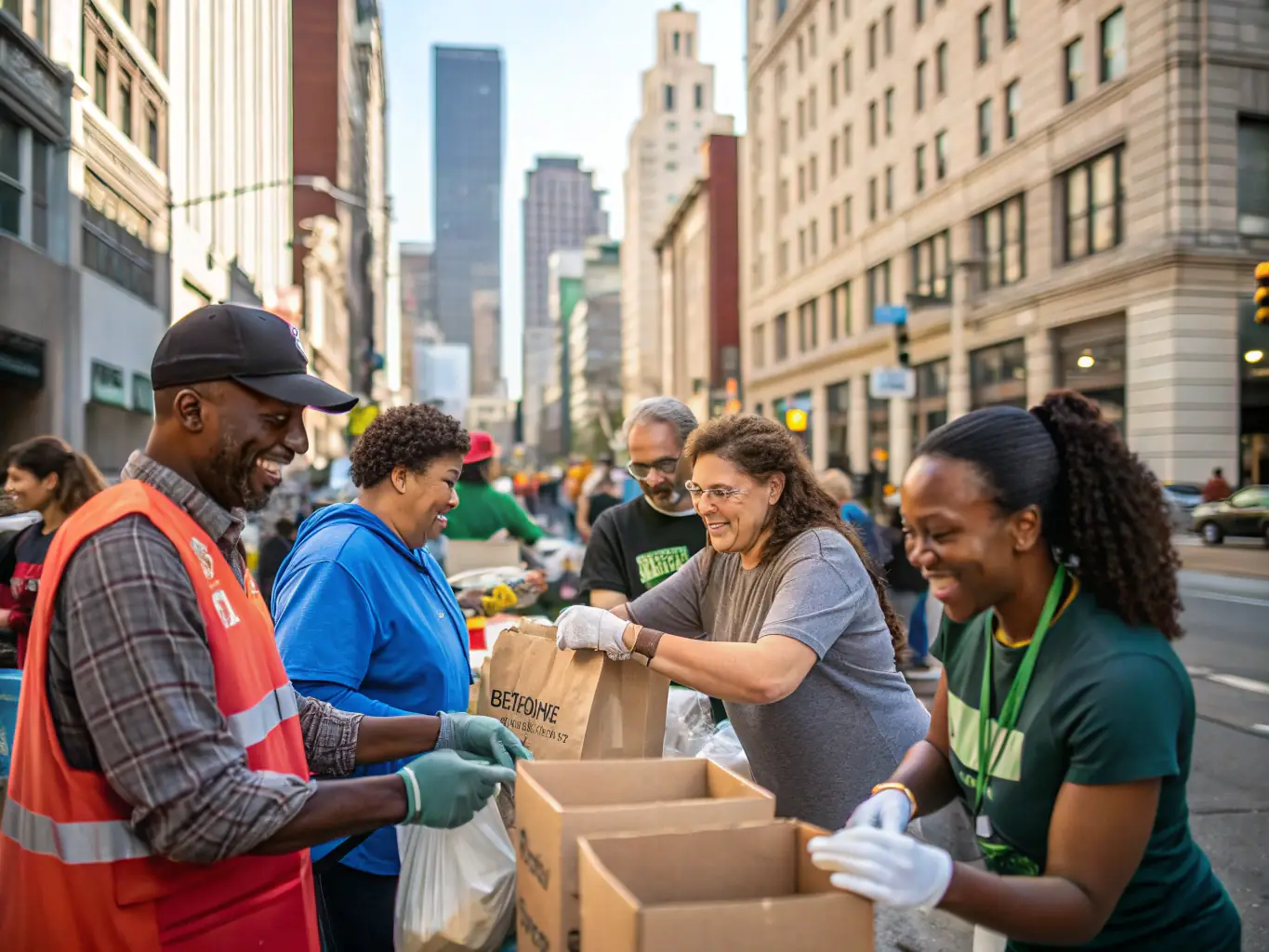 Volunteers distributing essential supplies to a local community in need, highlighting the organization's commitment to humanitarian aid.