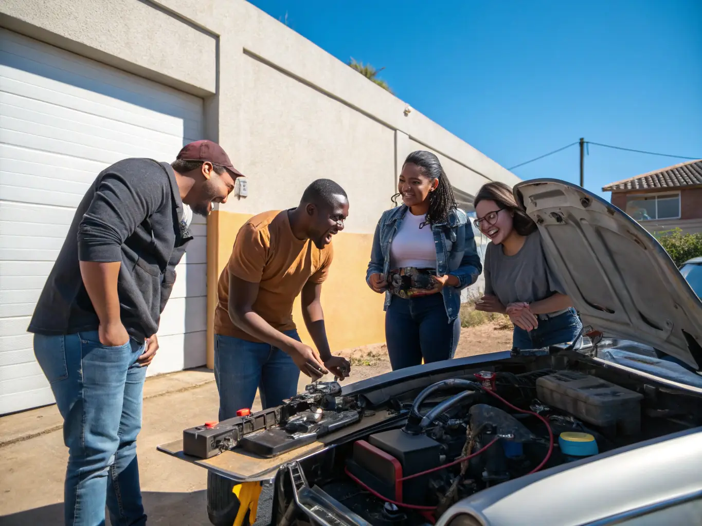 A group of students preparing a 4L car for the Raid 4L Trophy, showcasing teamwork and preparation for the humanitarian rally.