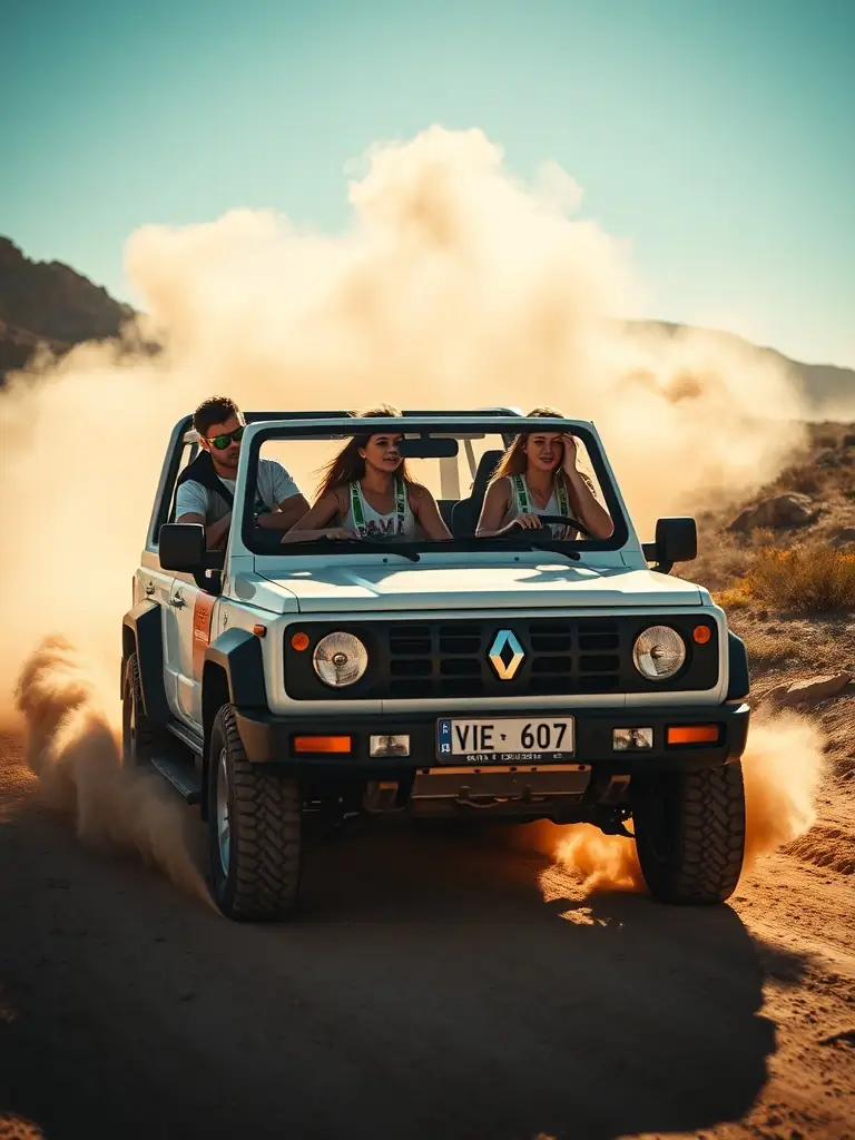 A vibrant photo of students in a 4L car, adorned with the 4L VISITL'AFRIK logo, navigating a sandy terrain during the Raid 4L Trophy. The image captures the spirit of adventure and teamwork.